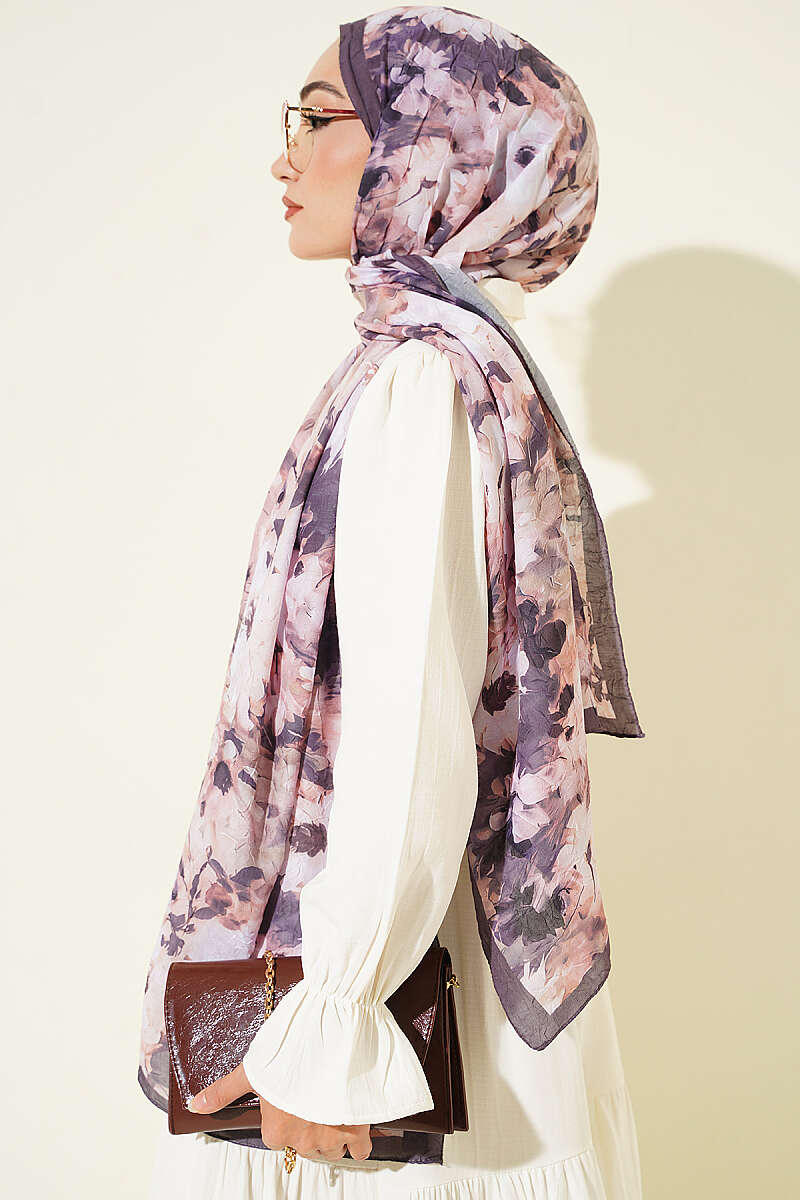 Daisy Print Bamboo Crinkle Shawl - Dark Mink