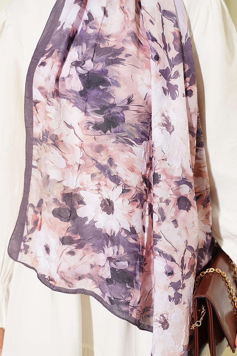 Daisy Print Bamboo Crinkle Shawl - Dark Mink