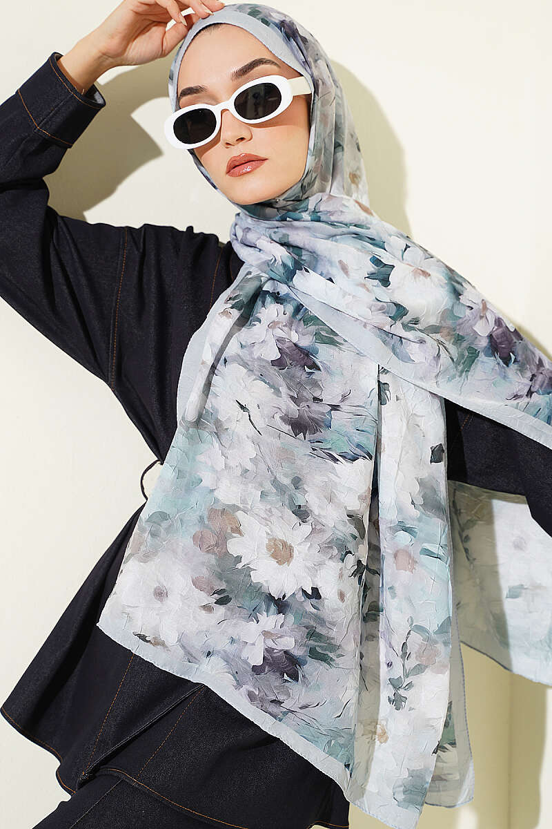 Daisy Print Bamboo Crinkle Shawl - Mint