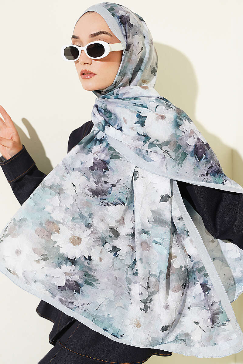 Daisy Print Bamboo Crinkle Shawl - Mint