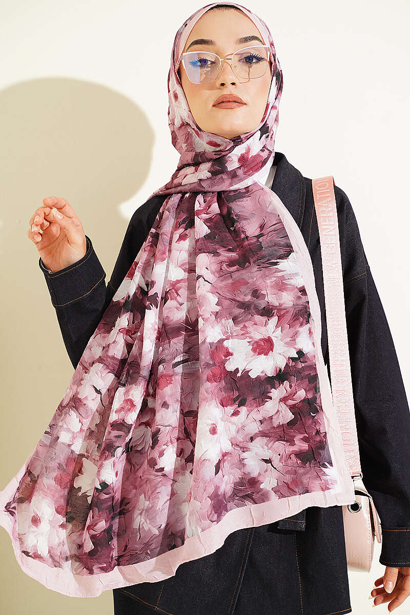 Daisy Print Bamboo Crinkle Shawl - Pink