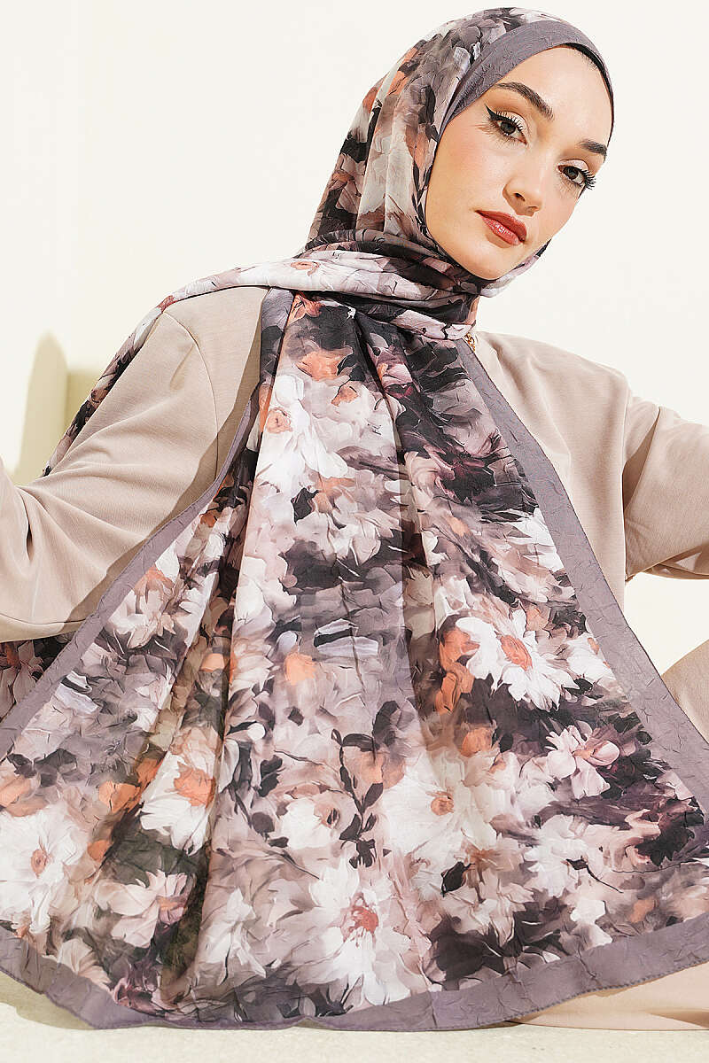 Daisy Print Bamboo Crinkle Shawl - Mink