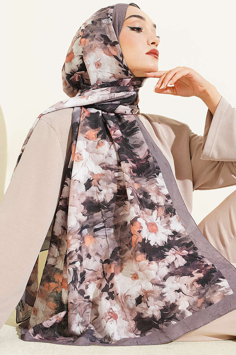Daisy Print Bamboo Crinkle Shawl - Mink