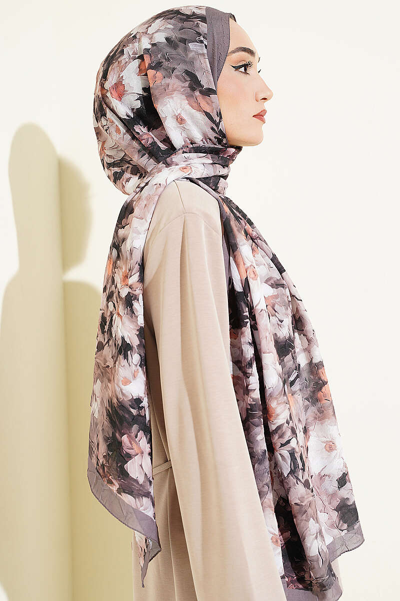 Daisy Print Bamboo Crinkle Shawl - Mink