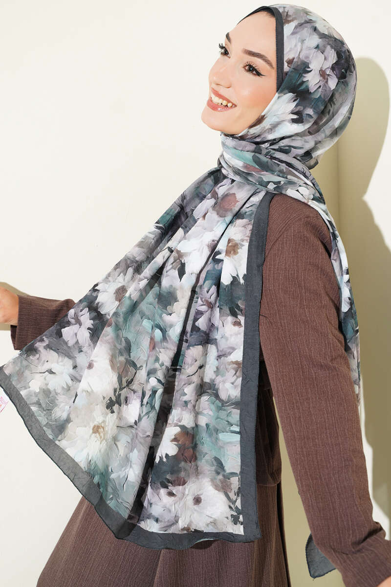 Daisy Print Bamboo Crinkle Shawl - Emerald