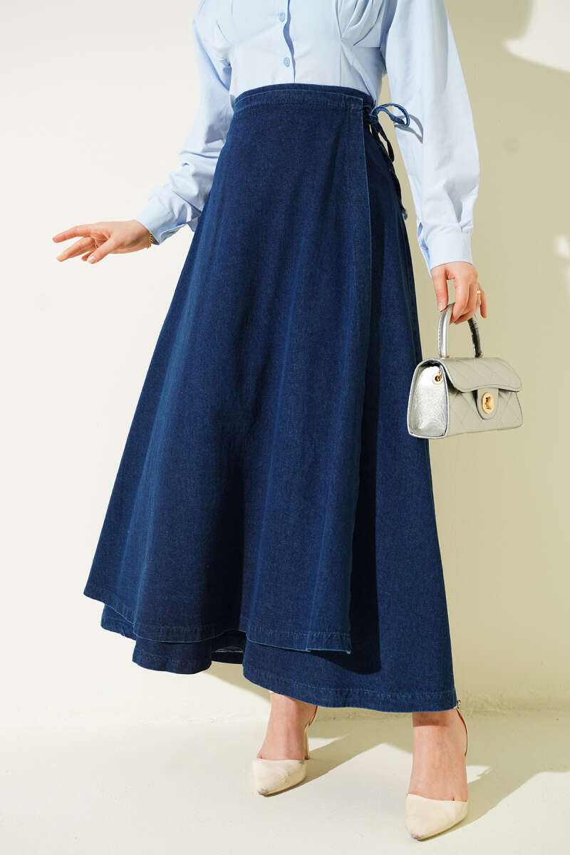 Panelled Tie Denim Skirt - Blue