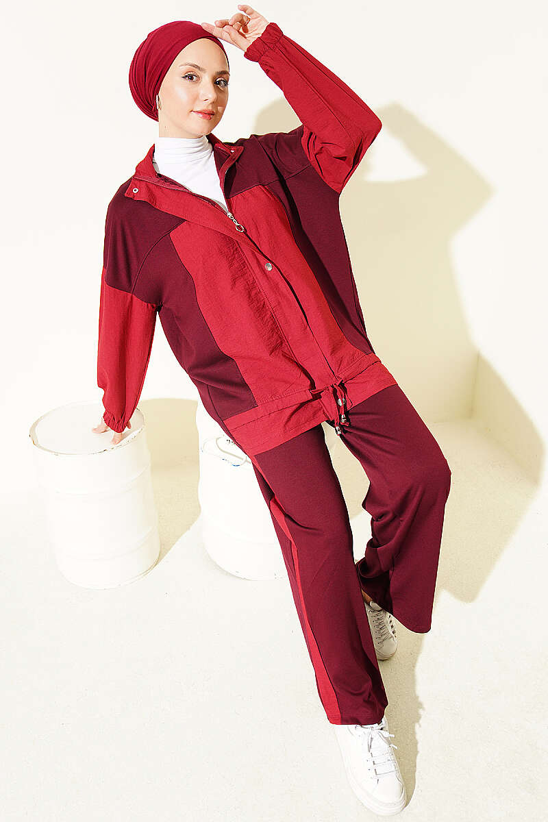 Panelled Two-Piece Set with Snap Buttons - Burgundy