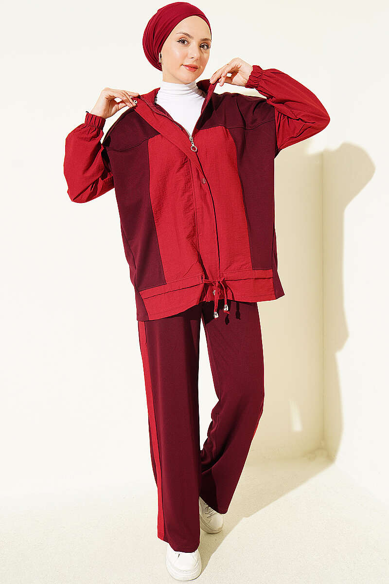 Panelled Two-Piece Set with Snap Buttons - Burgundy