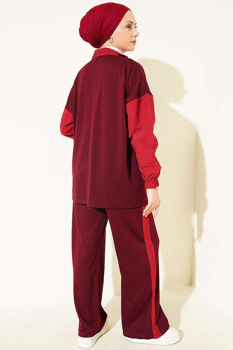 Panelled Two-Piece Set with Snap Buttons - Burgundy