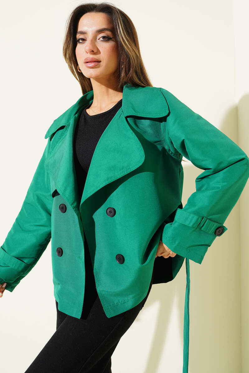 Short Panelled Button Trench Coat - Kelly Green