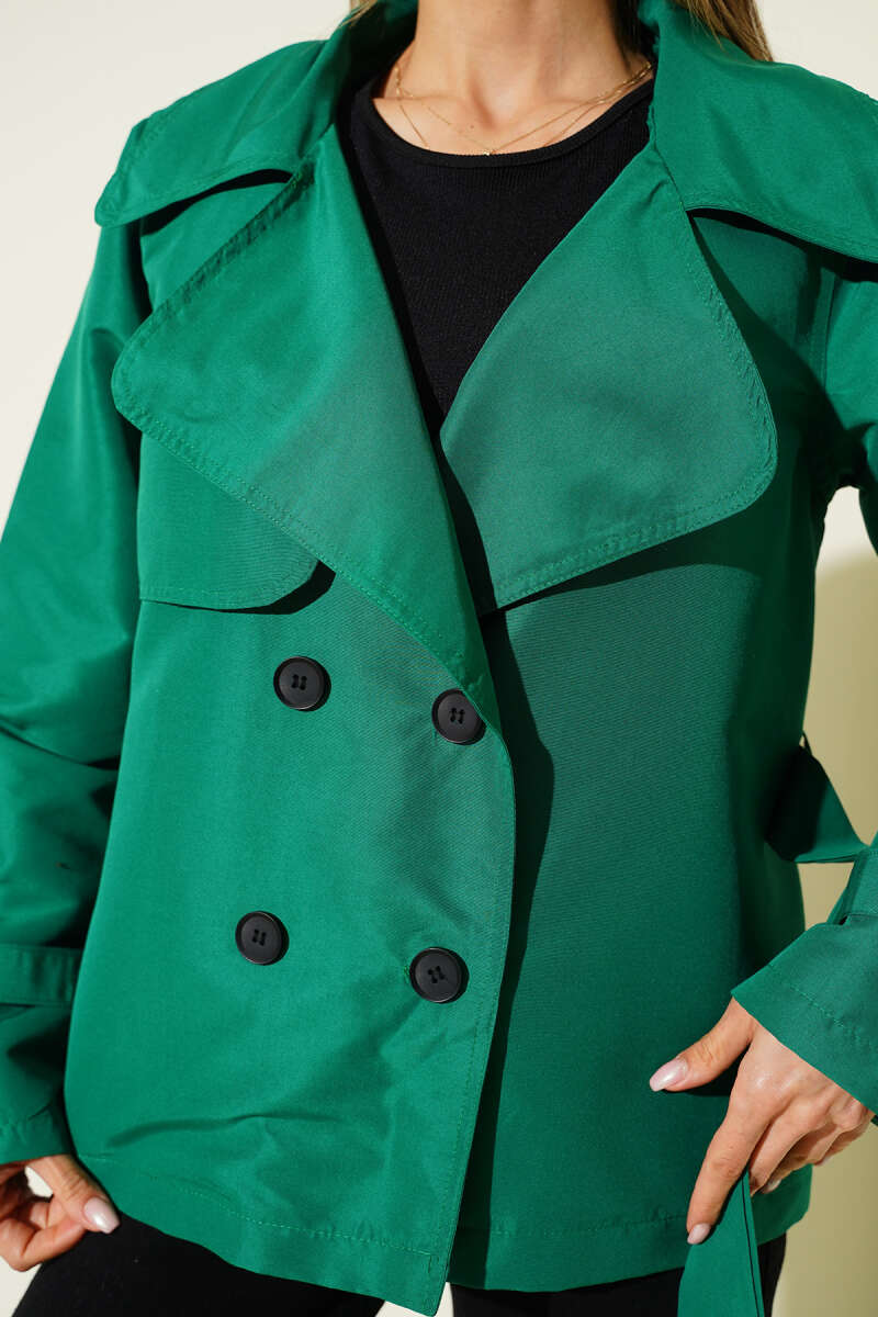Short Panelled Button Trench Coat - Kelly Green