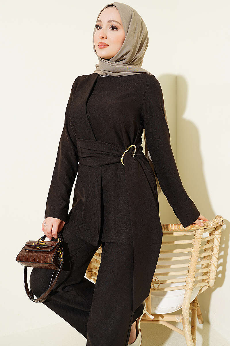 Panelled Two-Piece Set with Gold Buckle - Dark Brown
