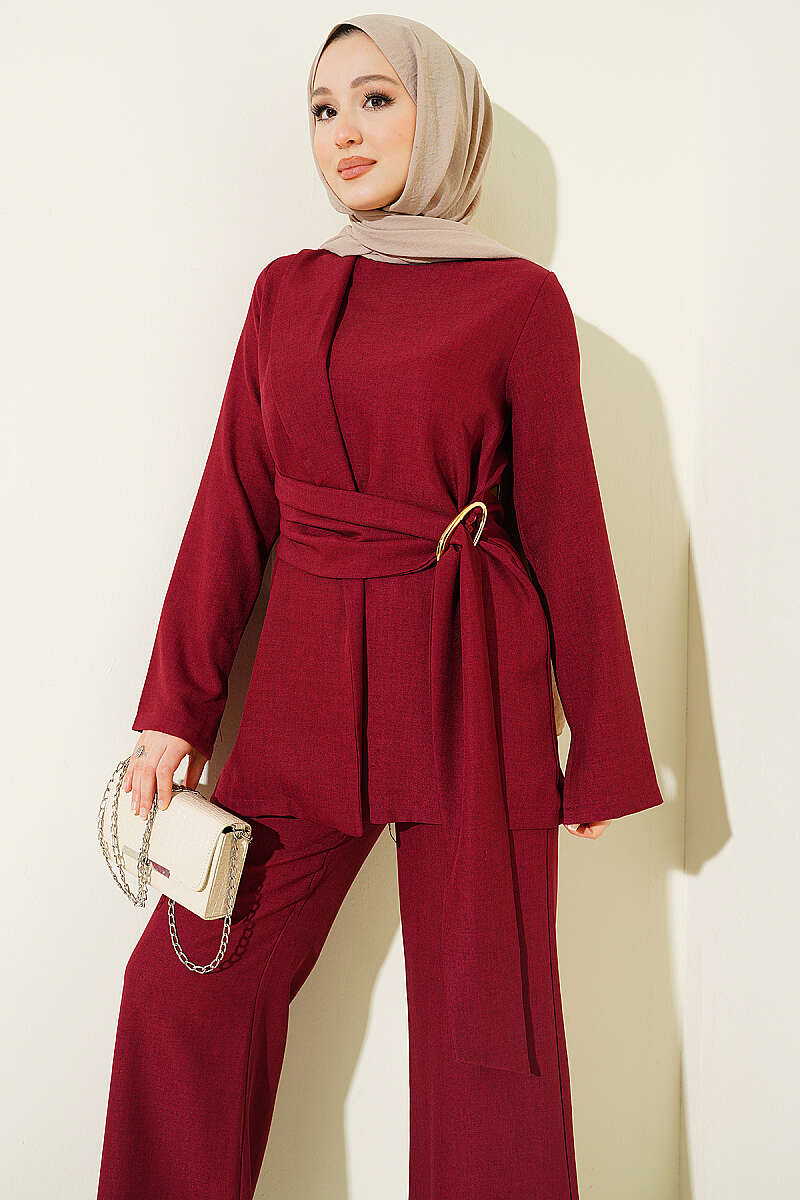 Panelled Two-Piece Set with Gold Buckle - Burgundy