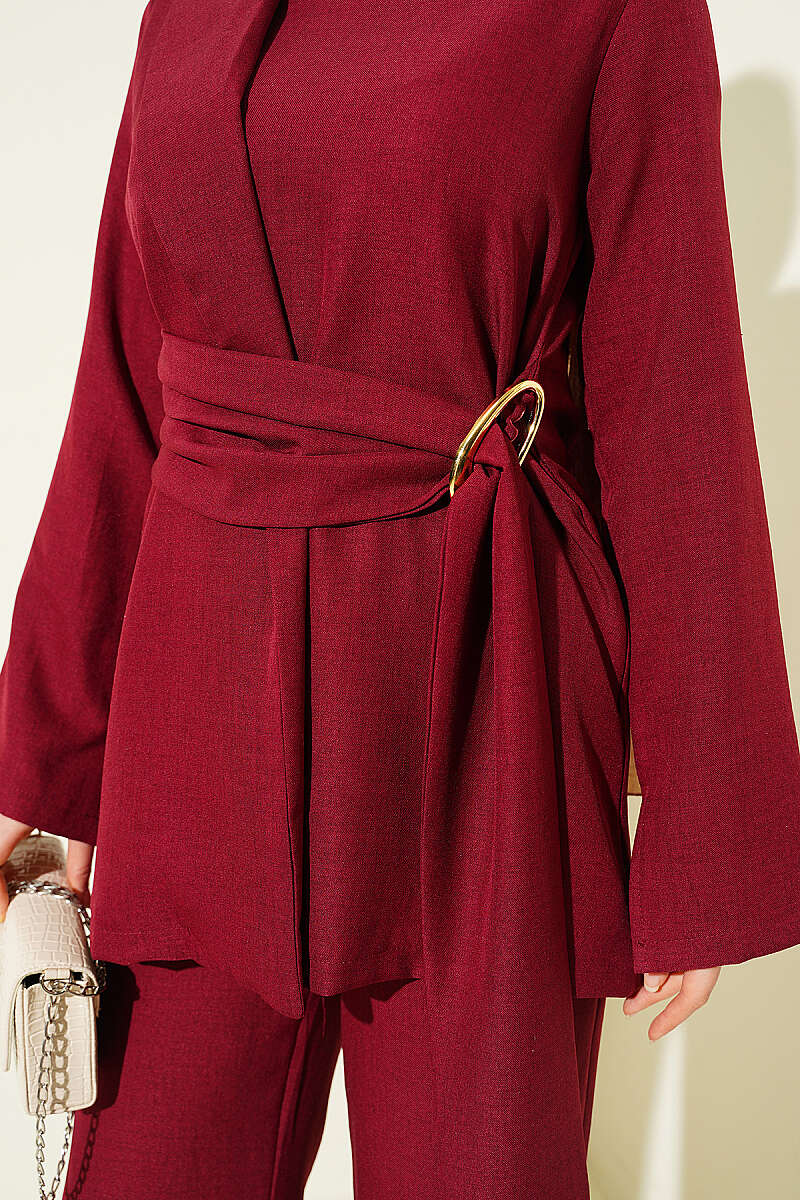 Panelled Two-Piece Set with Gold Buckle - Burgundy