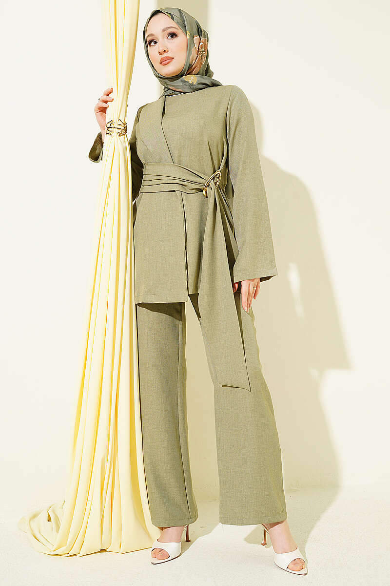 Panelled Two-Piece Set with Gold Buckle - Almond Green