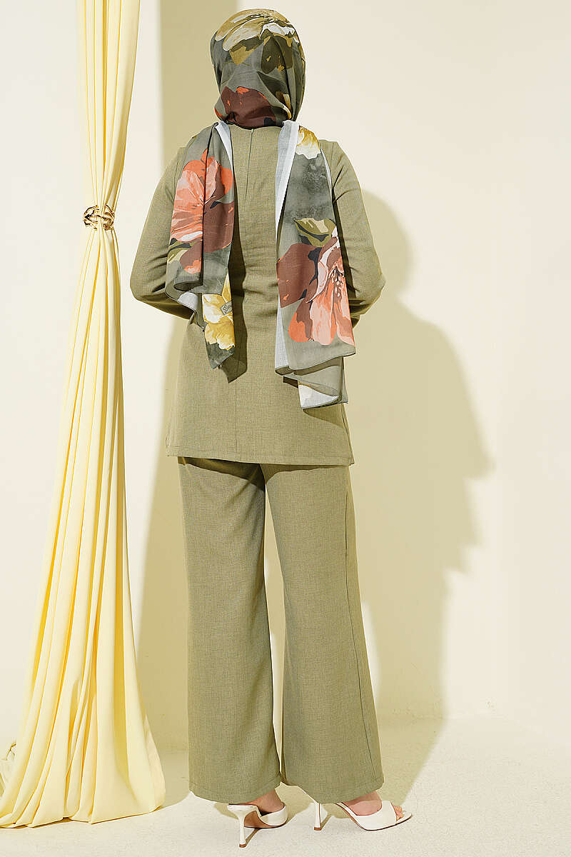 Panelled Two-Piece Set with Gold Buckle - Almond Green