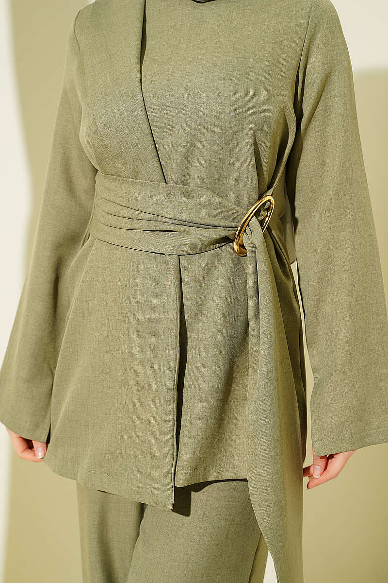 Panelled Two-Piece Set with Gold Buckle - Almond Green
