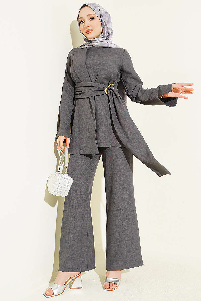 Panelled Two-Piece Set with Gold Buckle - Smoke Grey