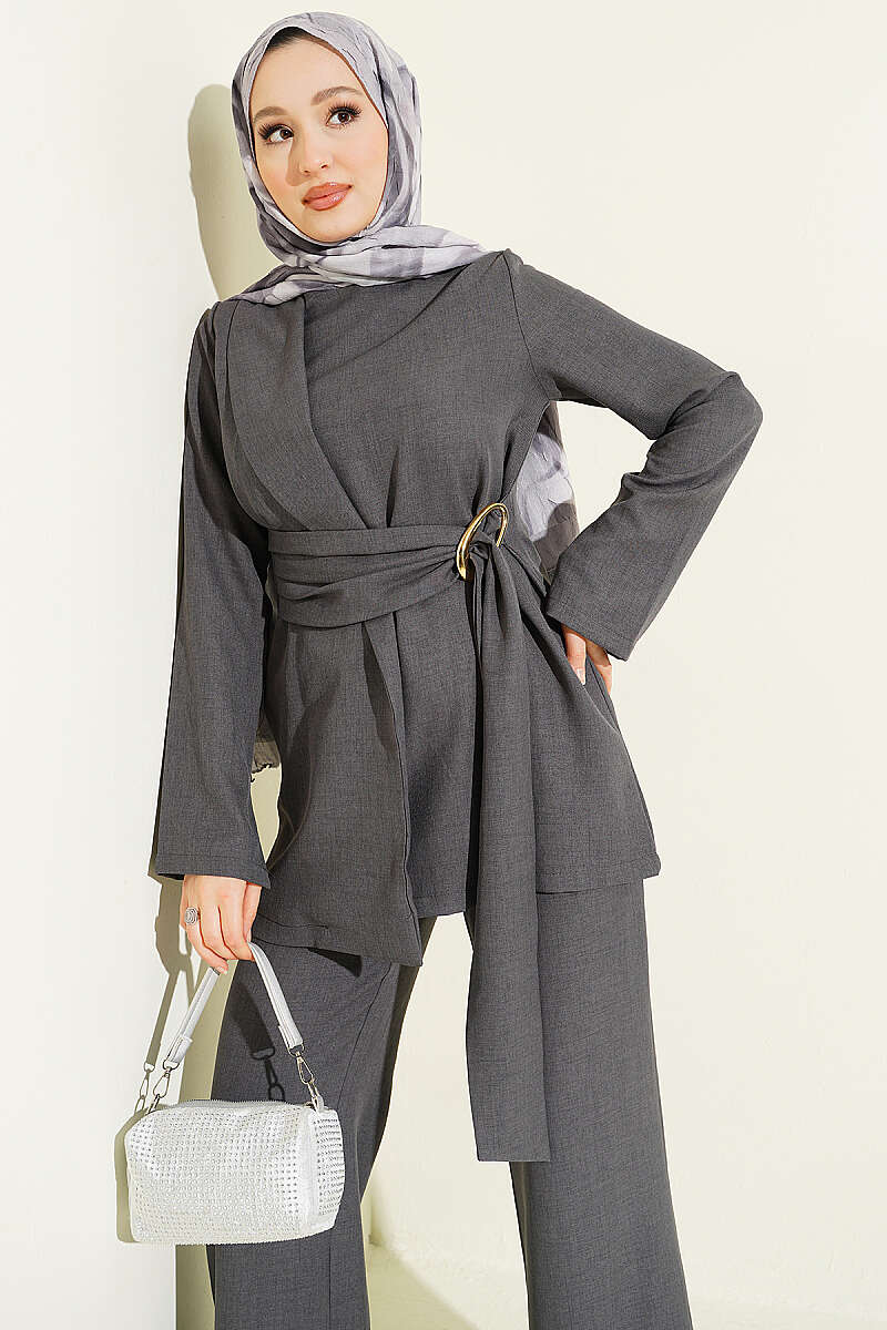 Panelled Two-Piece Set with Gold Buckle - Smoke Grey