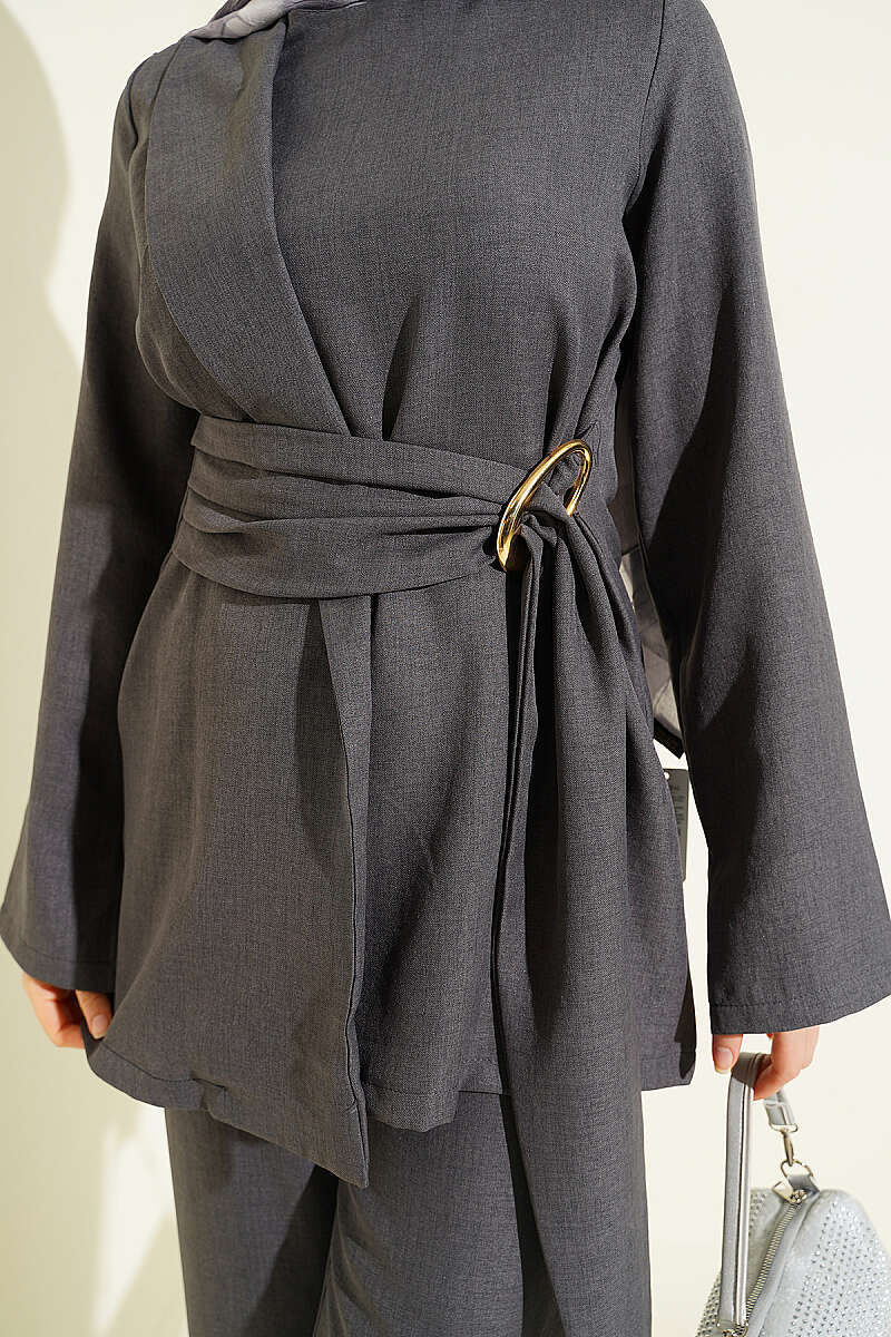 Panelled Two-Piece Set with Gold Buckle - Smoke Grey