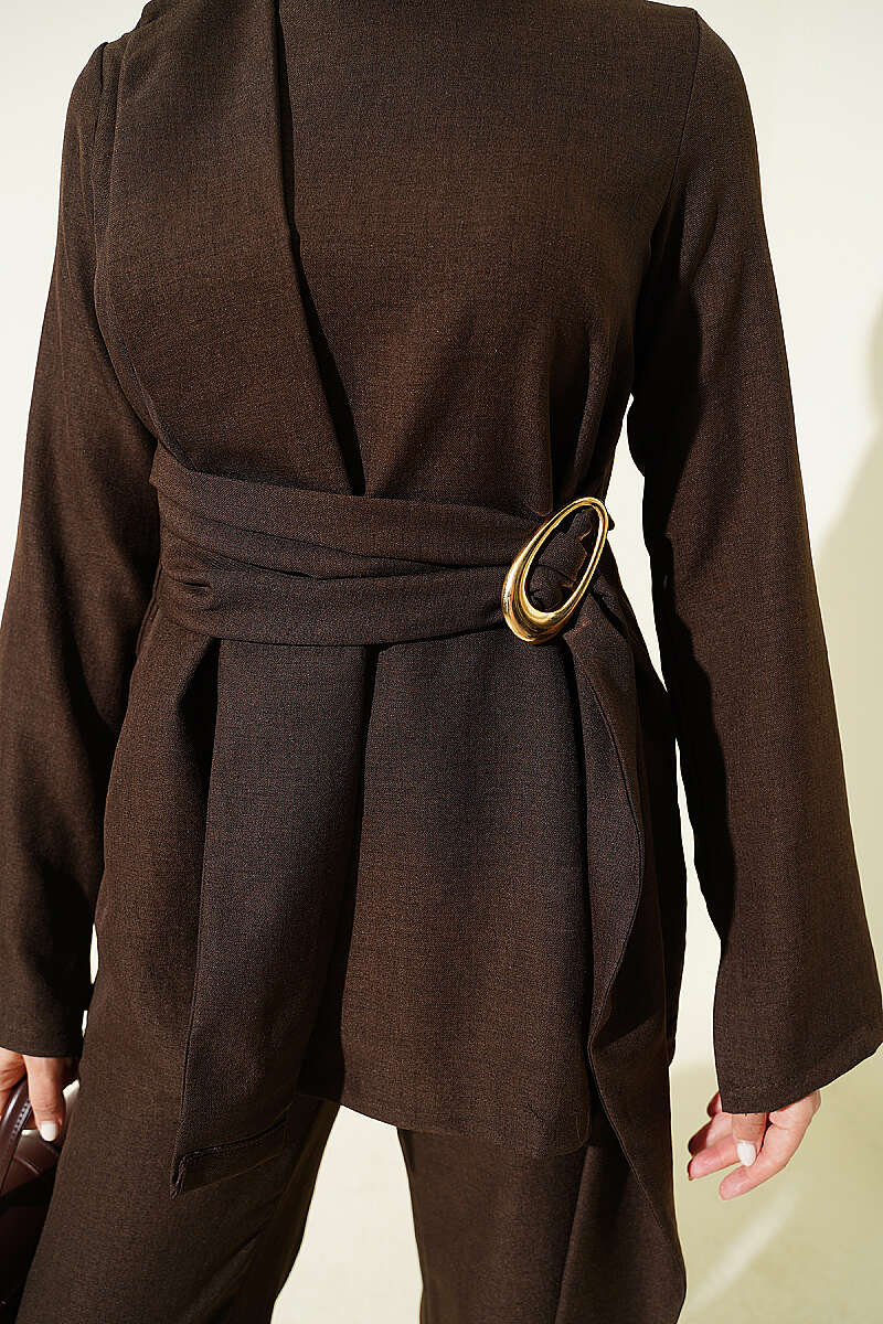 Panelled Two-Piece Set with Gold Buckle - Chestnut