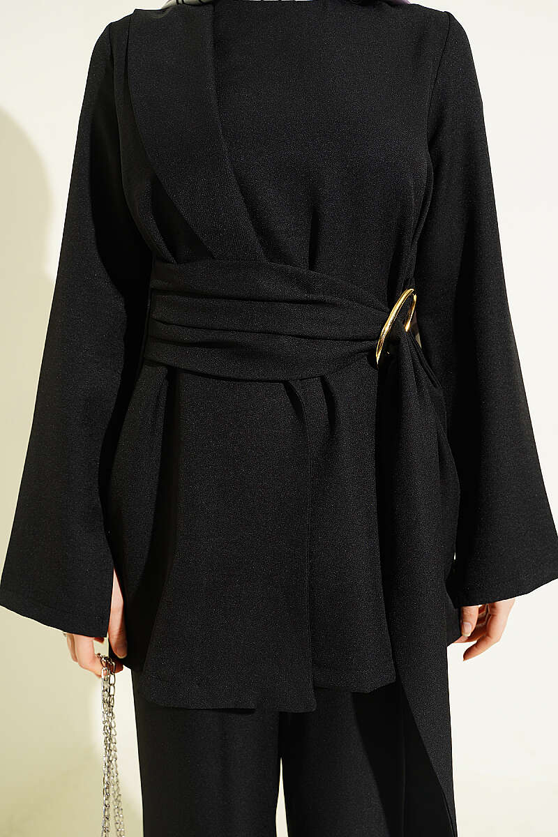 Panelled Two-Piece Set with Gold Buckle - Black