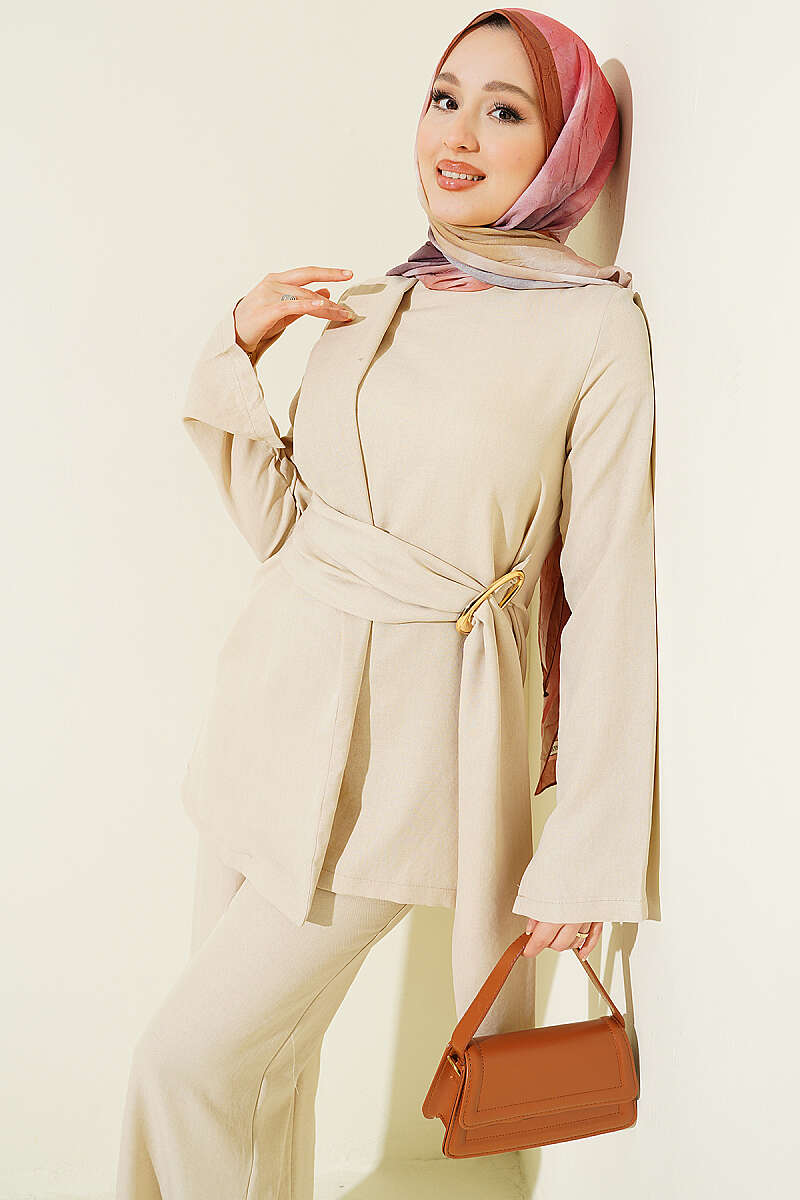 Panelled Two-Piece Set with Gold Buckle - Stone