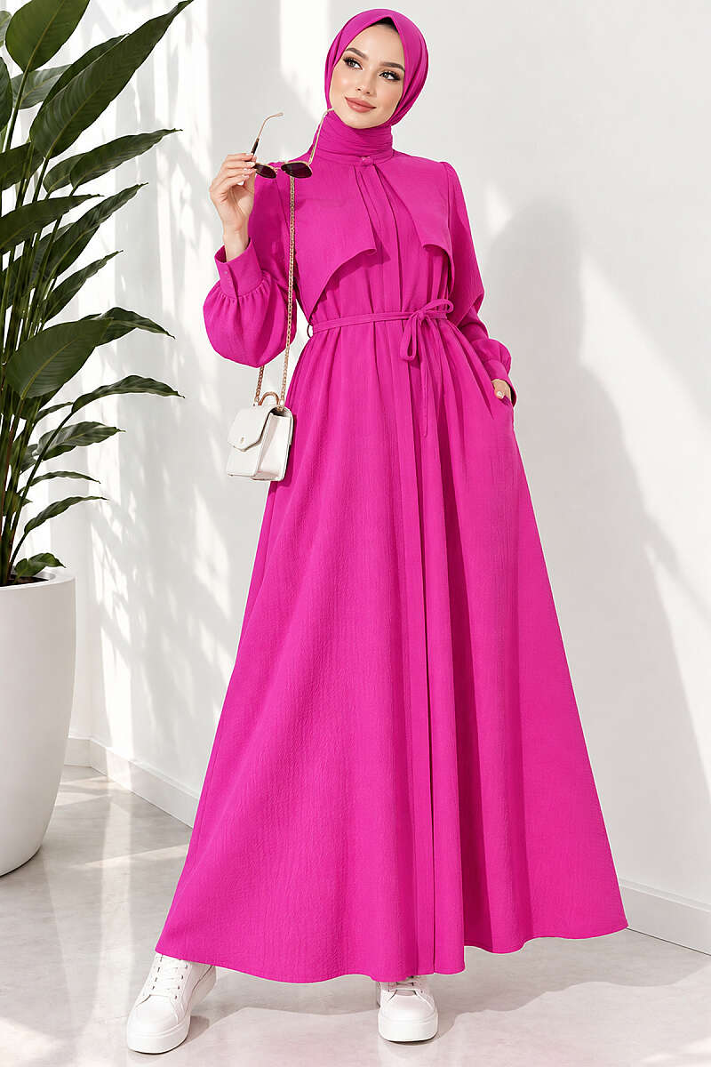Panelled Dress with Cord Belt - Fuchsia