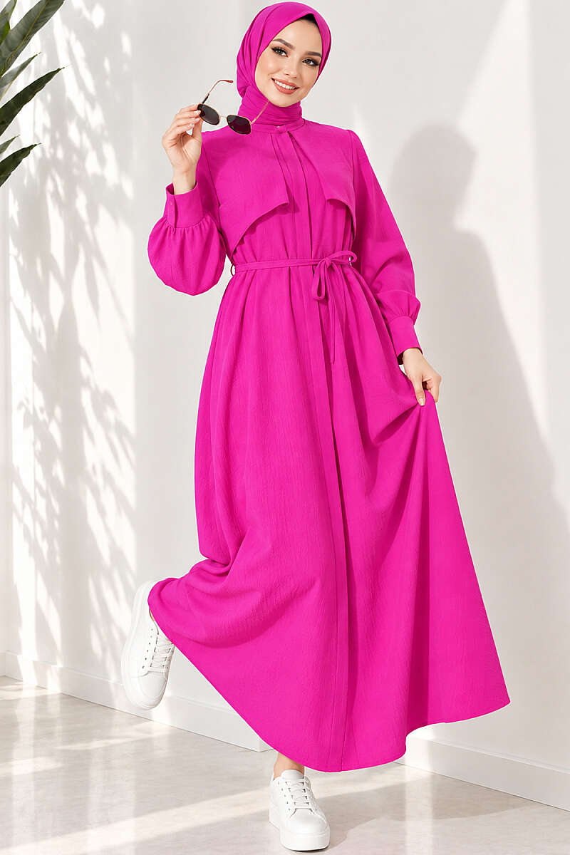 Panelled Dress with Cord Belt - Fuchsia
