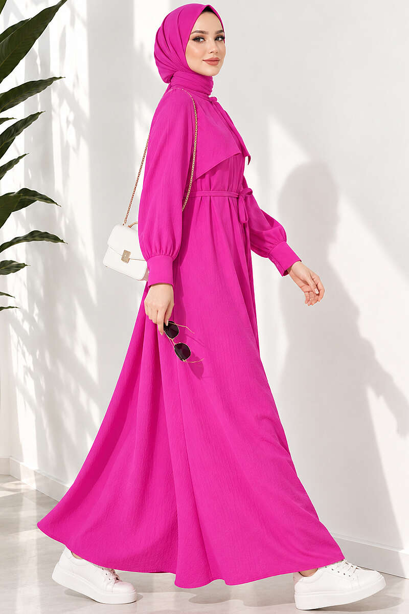 Panelled Dress with Cord Belt - Fuchsia