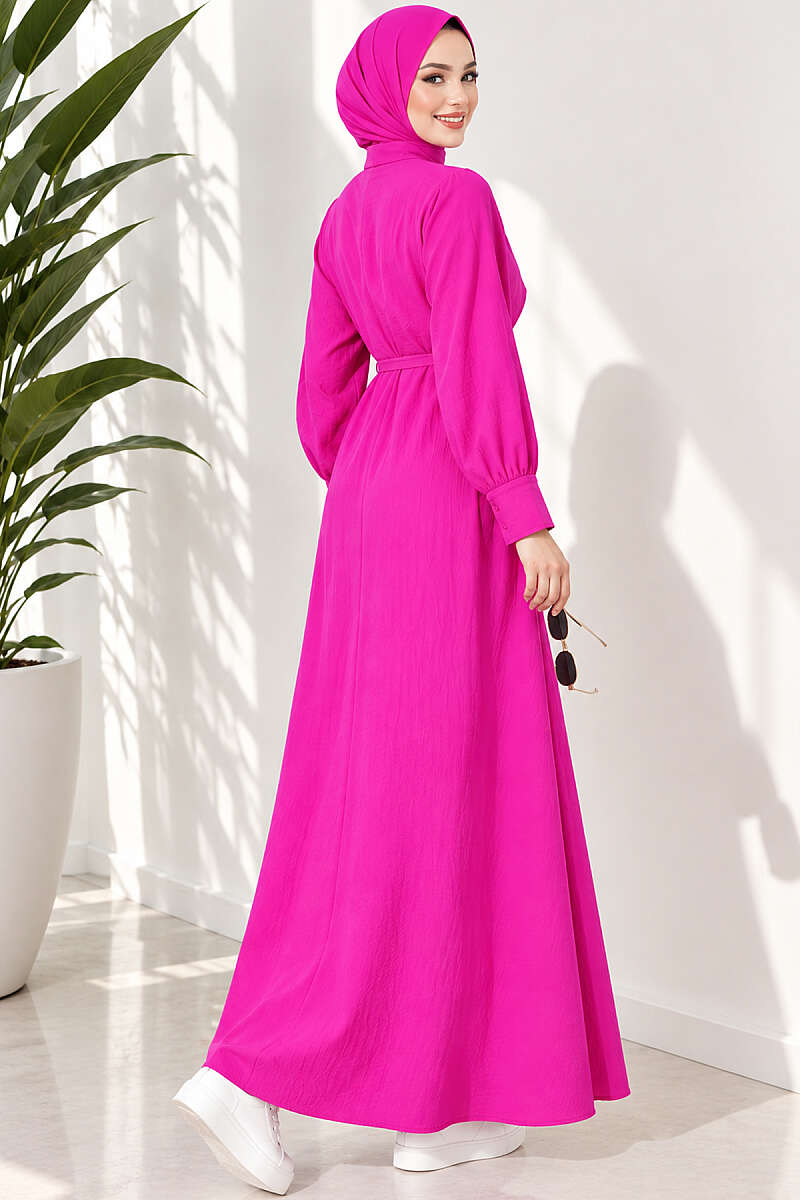 Panelled Dress with Cord Belt - Fuchsia