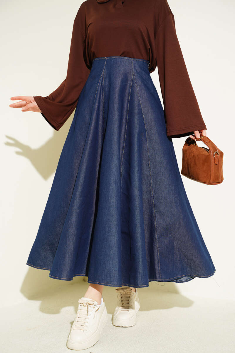 Flared Panelled Denim Skirt - Classic Denim