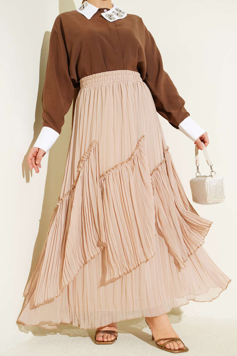 Panelled Plissé Chiffon Skirt - Beige