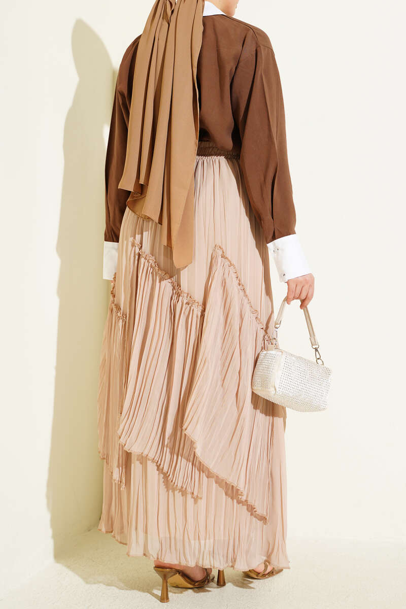 Panelled Plissé Chiffon Skirt - Beige