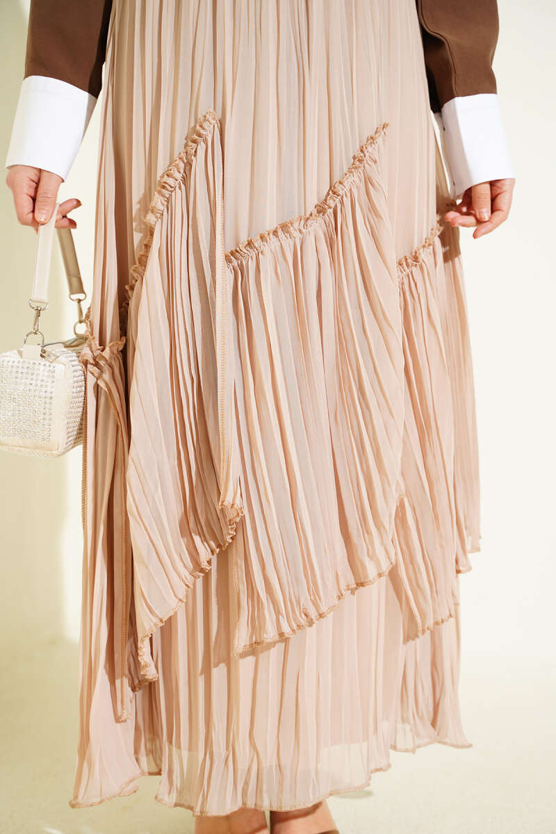 Panelled Plissé Chiffon Skirt - Beige