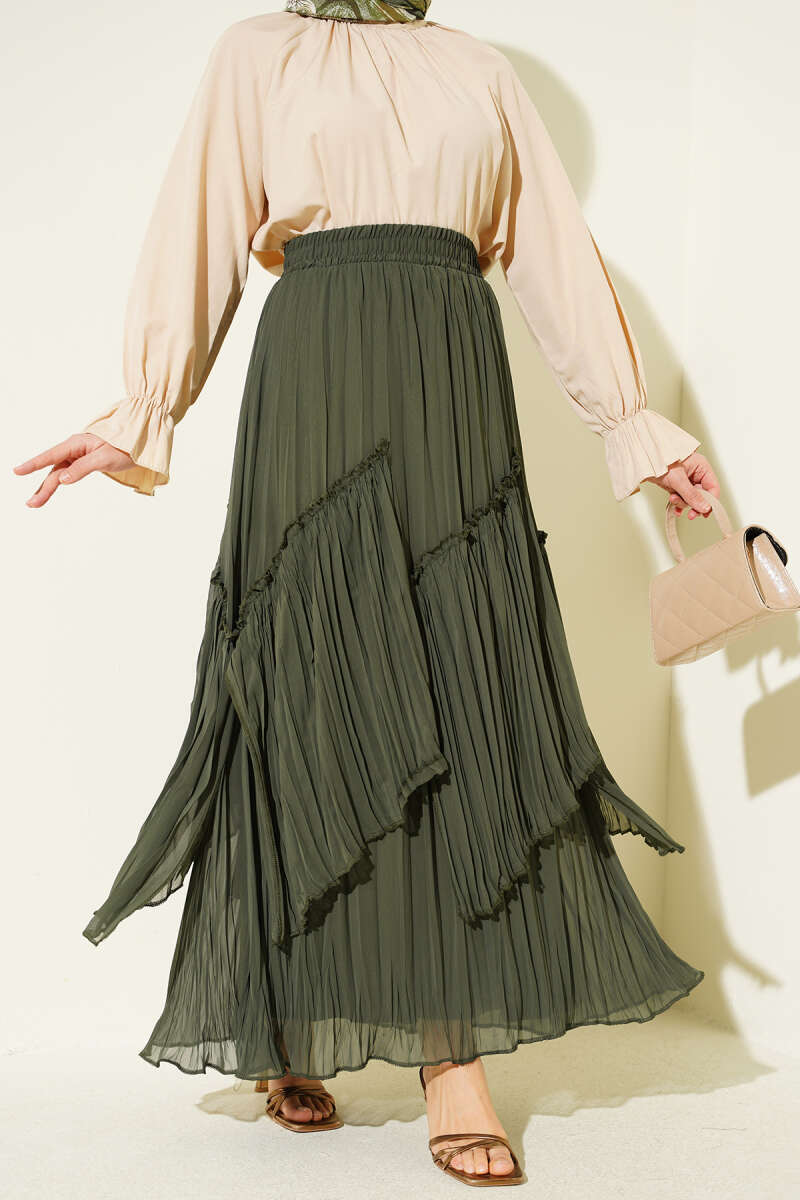 Panelled Plissé Chiffon Skirt - Khaki