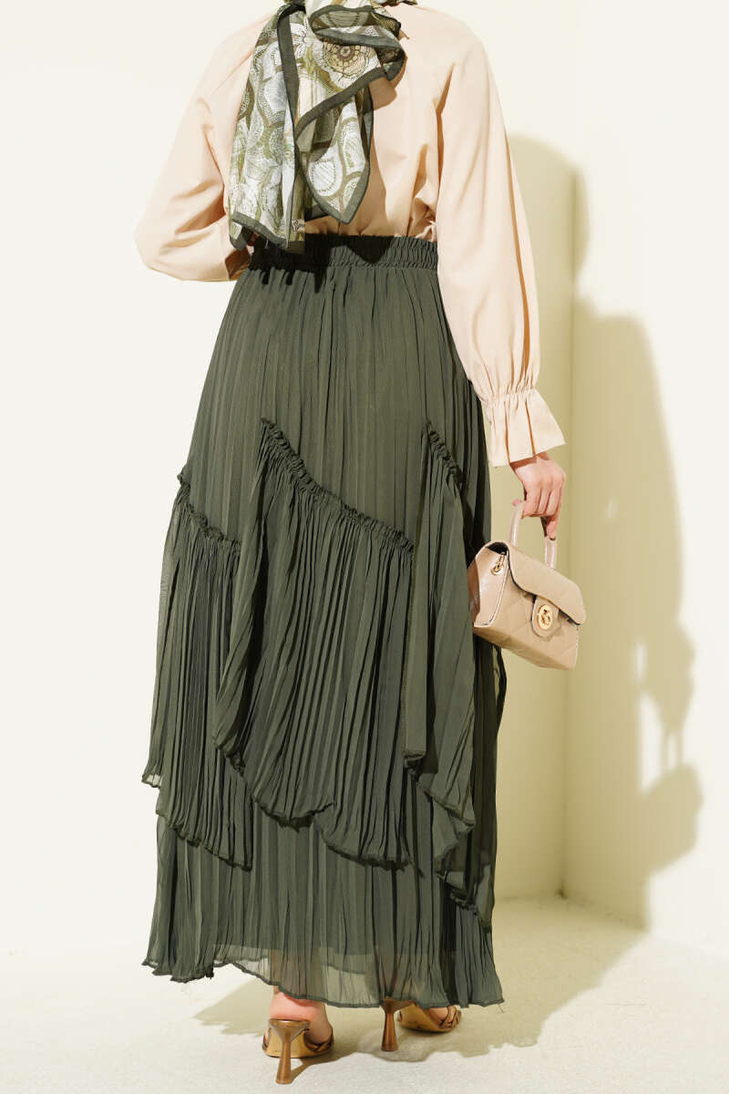 Panelled Plissé Chiffon Skirt - Khaki