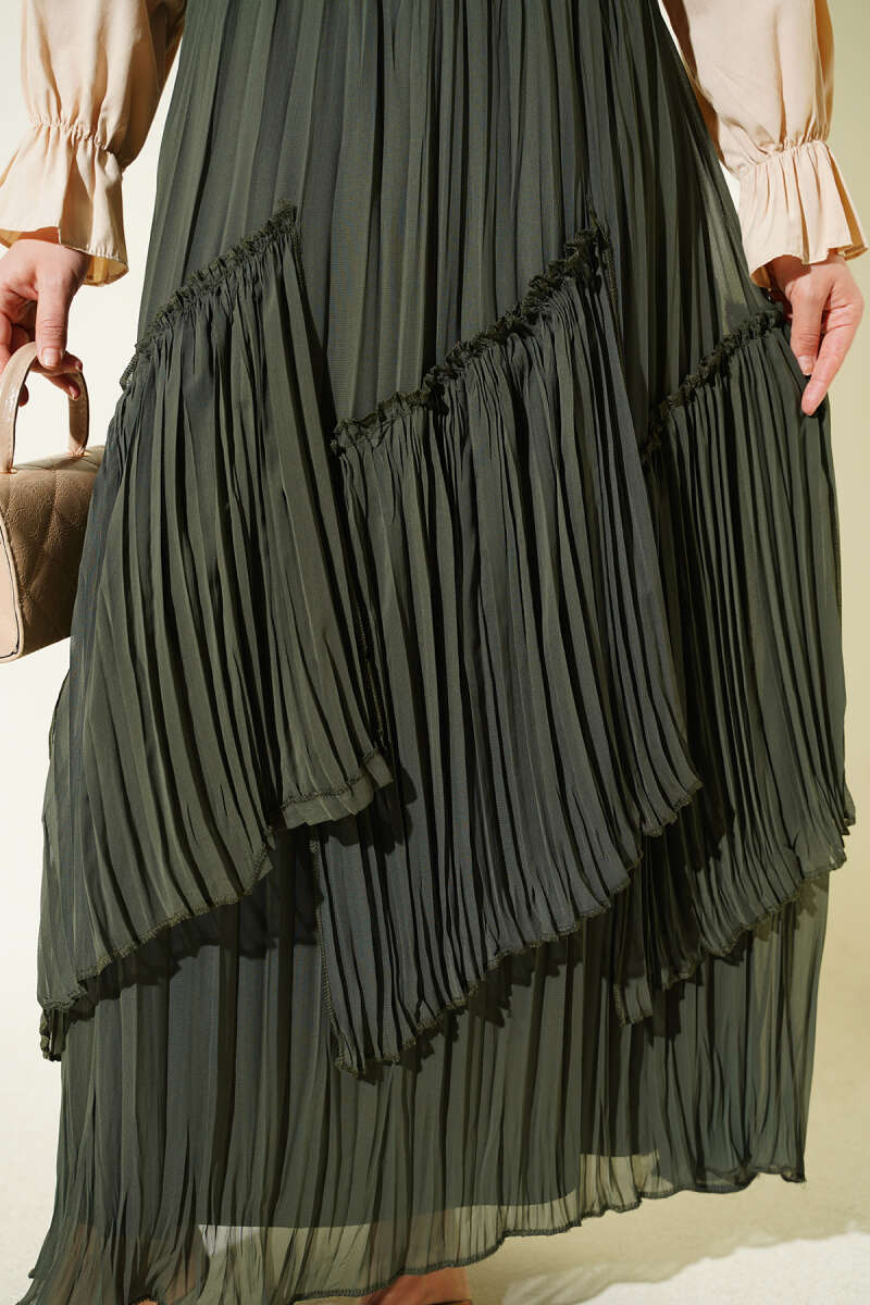 Panelled Plissé Chiffon Skirt - Khaki