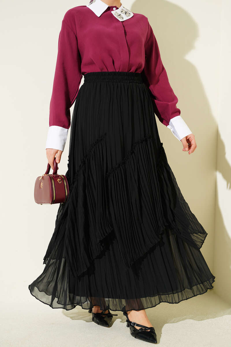 Panelled Plissé Chiffon Skirt - Black