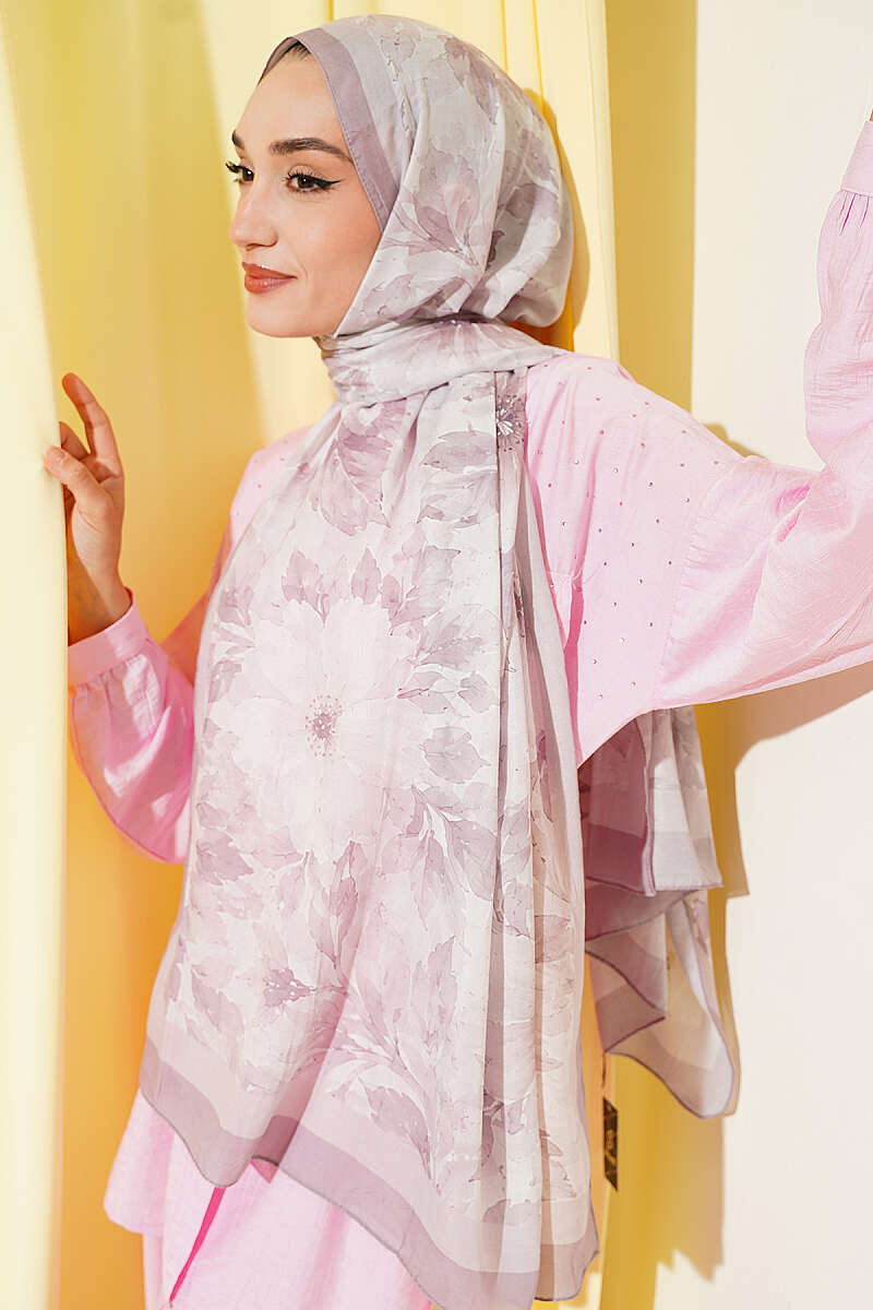 Pastel Floral Bamboo Crinkle Shawl - Light Mink
