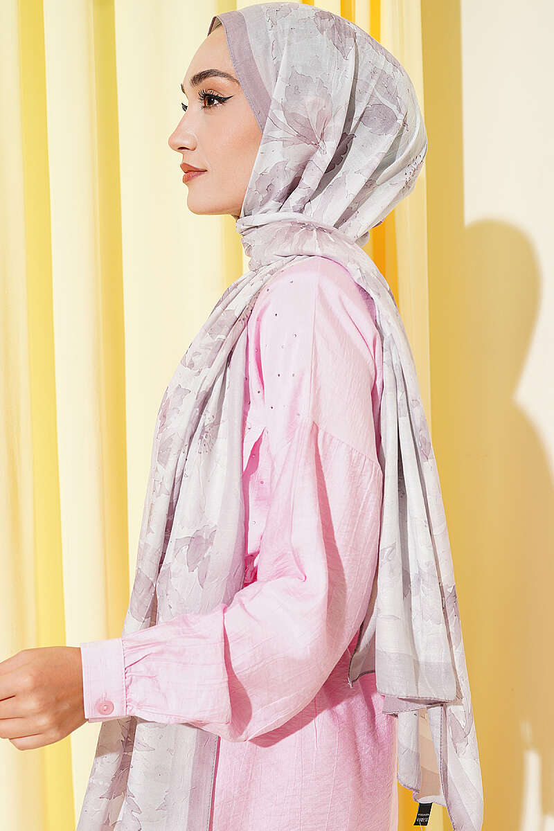 Pastel Floral Bamboo Crinkle Shawl - Light Mink