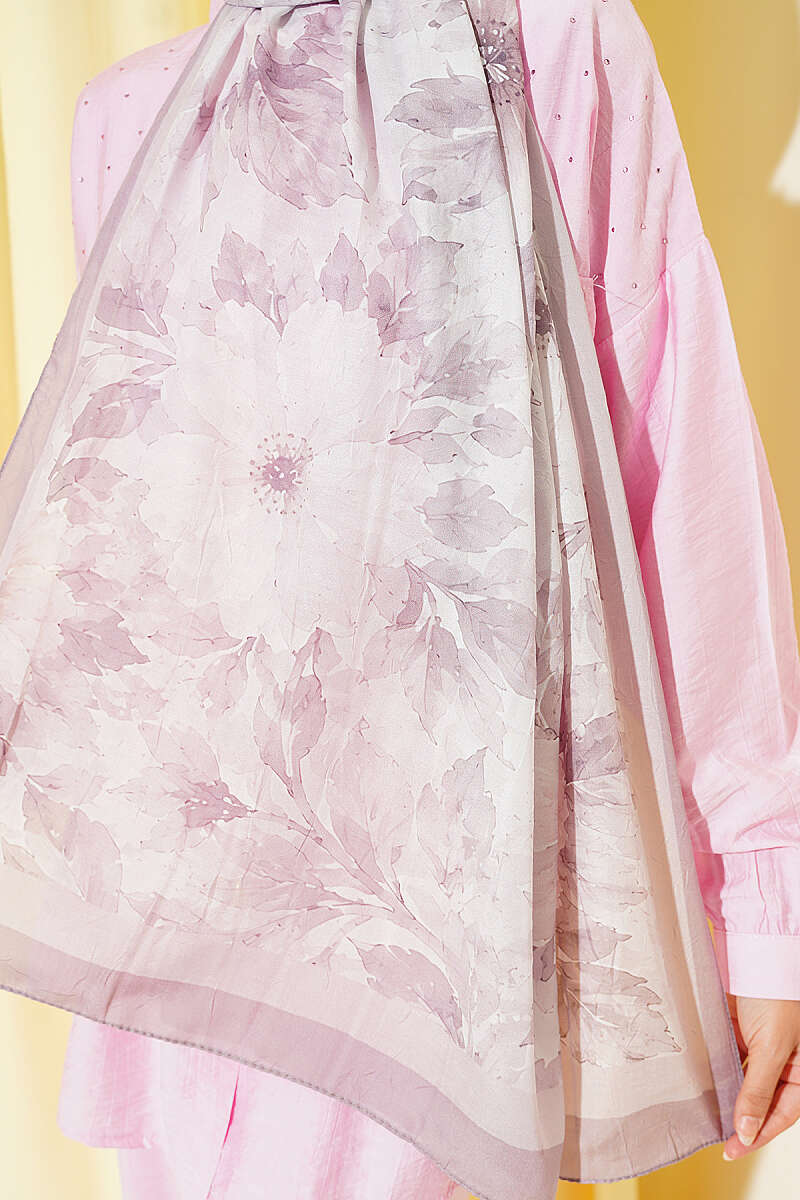 Pastel Floral Bamboo Crinkle Shawl - Light Mink