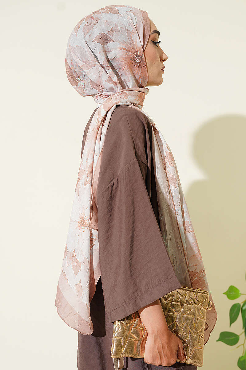 Pastel Floral Bamboo Crinkle Shawl - Beige