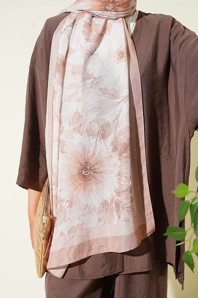 Pastel Floral Bamboo Crinkle Shawl - Beige