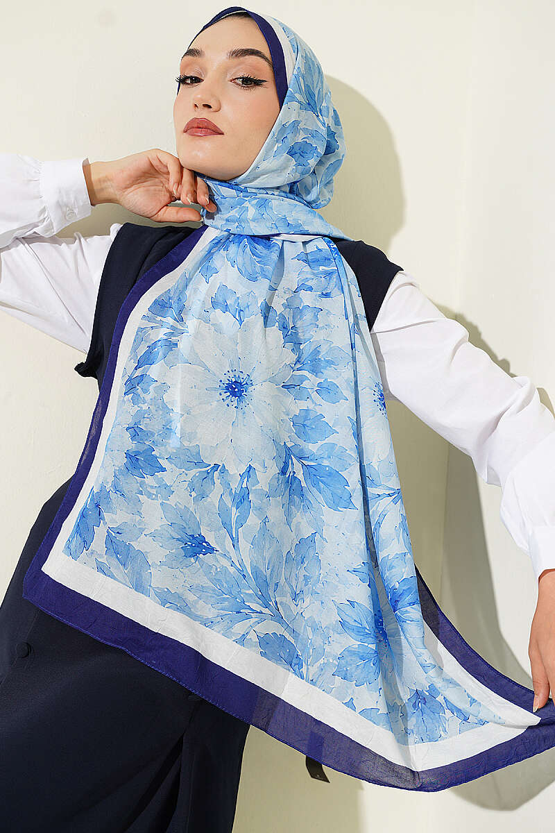 Pastel Floral Bamboo Crinkle Shawl - Navy