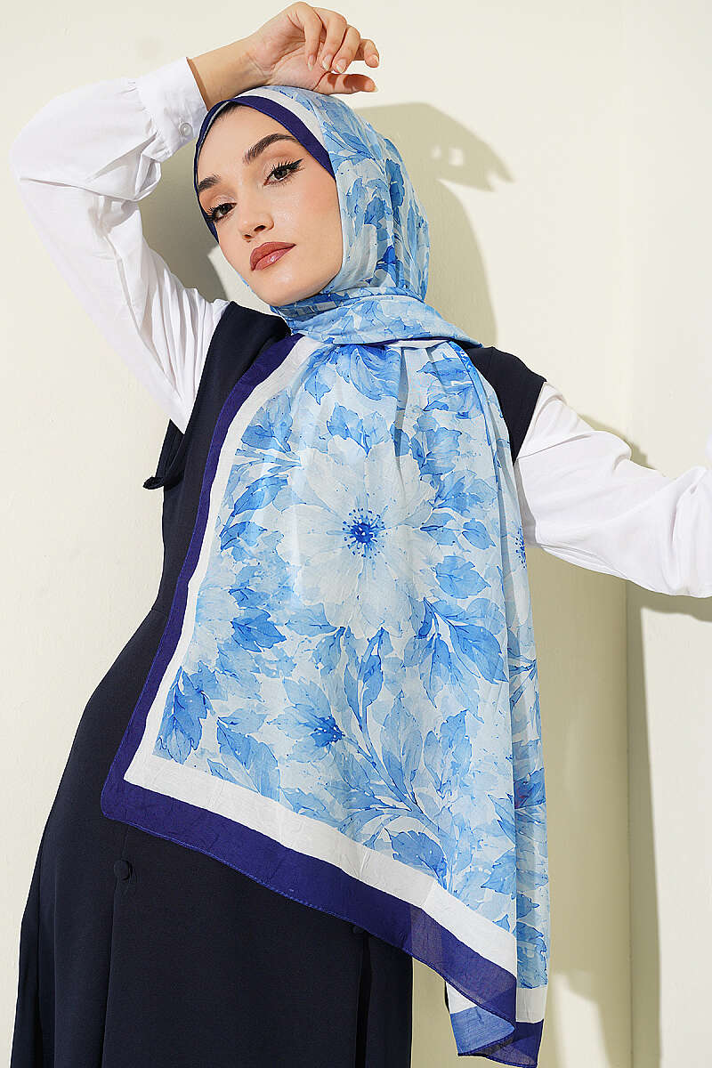 Pastel Floral Bamboo Crinkle Shawl - Navy