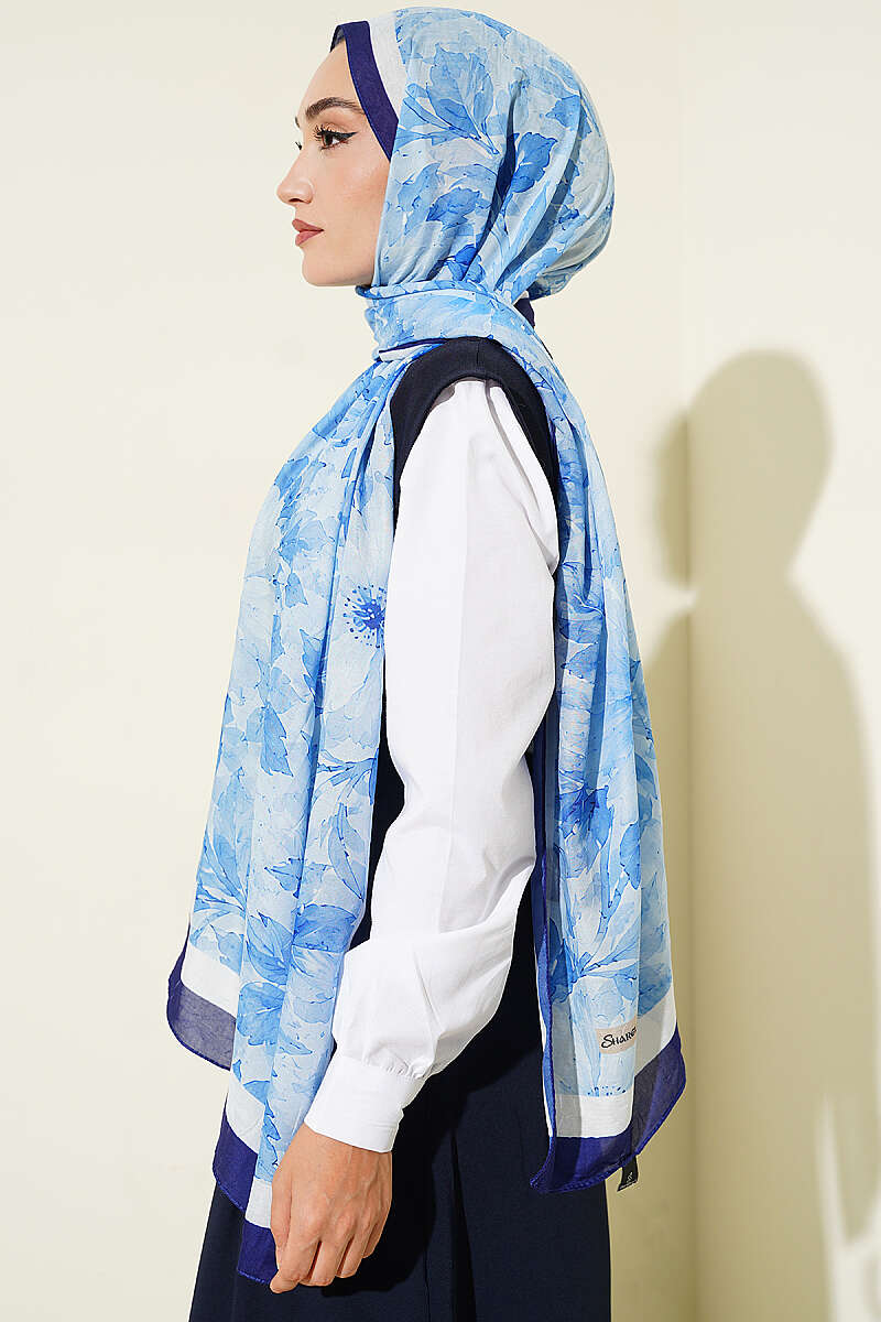 Pastel Floral Bamboo Crinkle Shawl - Navy