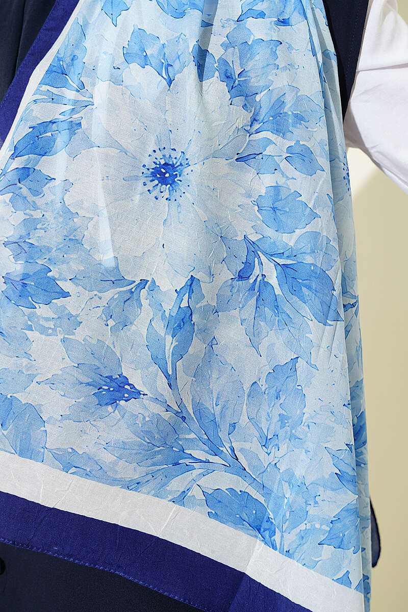 Pastel Floral Bamboo Crinkle Shawl - Navy