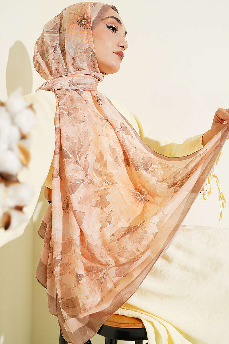 Pastel Floral Bamboo Crinkle Shawl - Latte