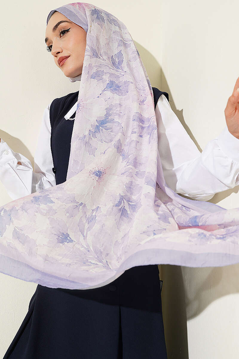 Pastel Floral Bamboo Crinkle Shawl - Lilac